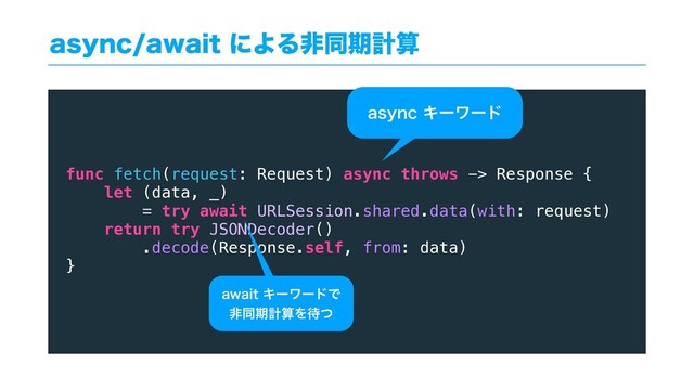 BTZODBXBJUʹΑΔඇಉظܭࢉ
func fetch(request: Request) async throws -> Response {
let (data, _)
= try await URLSession.shared.data(with: request)
return try JSONDecoder()
.decode(Response.self, from: data)
}
BTZODΩʔϫʔυ
BXBJUΩʔϫʔυͰ
ඇಉظܭࢉΛ଴ͭ
