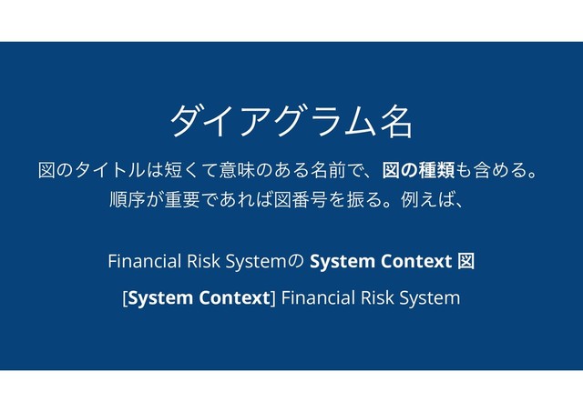 μΠΞάϥϜ໊
ਤͷλΠτϧ͸୹ͯ͘ҙຯͷ͋Δ໊લͰɺਤͷछྨ΋ؚΊΔɻ
ॱং͕ॏཁͰ͋Ε͹ਤ൪߸ΛৼΔɻྫ͑͹ɺ
Financial Risk Systemͷ System Context ਤ
[System Context] Financial Risk System
