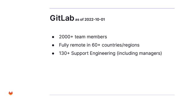 GitLab as of 2022-10-01
● 2000+ team members
● Fully remote in 60+ countries/regions
● 130+ Support Engineering (including managers)
