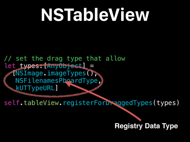 // set the drag type that allow
let types:[AnyObject] =
[NSImage.imageTypes(),
NSFilenamesPboardType,
kUTTypeURL]
self.tableView.registerForDraggedTypes(types)
NSTableView
Registry Data Type
