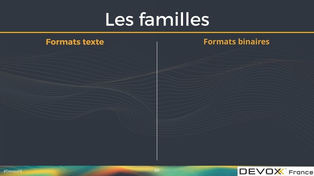 #DevoxxFR
Les familles
101
Formats texte Formats binaires
