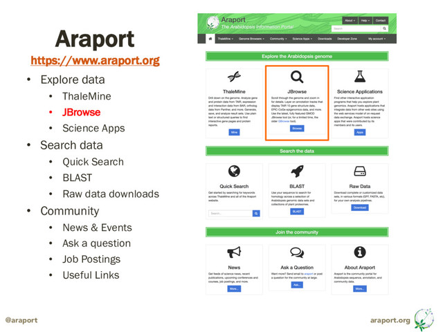 araport.org
@araport
Araport
https://www.araport.org
• Explore data
• ThaleMine
• JBrowse
• Science Apps
• Search data
• Quick Search
• BLAST
• Raw data downloads
• Community
• News & Events
• Ask a question
• Job Postings
• Useful Links
