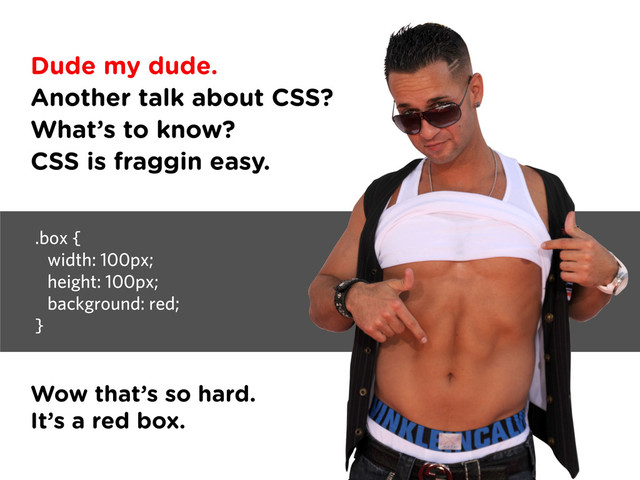 Dude my dude.
Another talk about CSS?
What’s to know?
CSS is fraggin easy.
Wow that’s so hard.
It’s a red box.
.box {
width: 100px;
height: 100px;
background: red;
}
