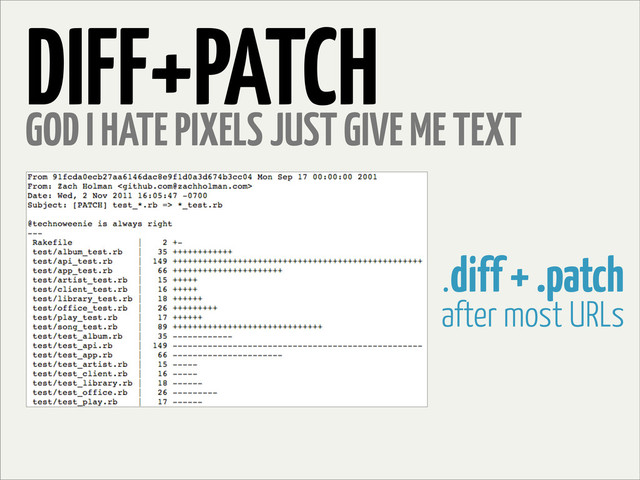 DIFF+PATCH
GOD I HATE PIXELS JUST GIVE ME TEXT
.diff + .patch
after most URLs
