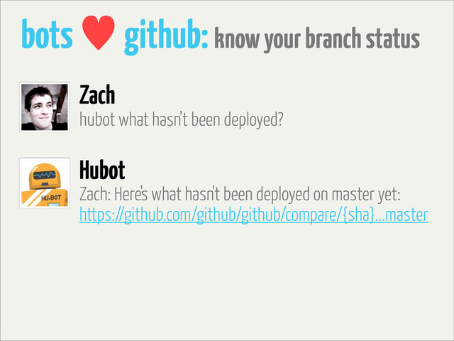 bots — github: know your branch status
hubot what hasn’t been deployed?
Zach
Hubot
Zach: Here's what hasn't been deployed on master yet:
https://github.com/github/github/compare/{sha}...master
