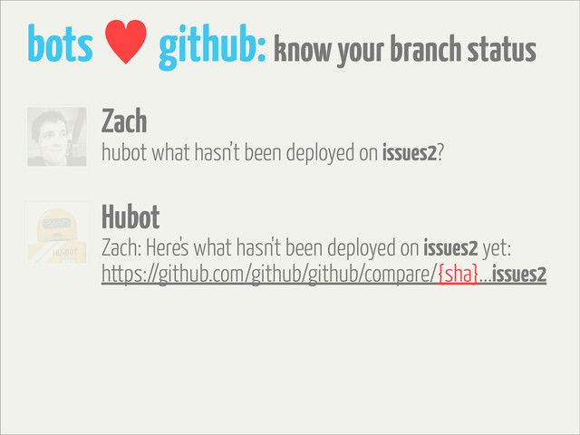 bots — github: know your branch status
hubot what hasn’t been deployed on issues2?
Zach
Hubot
Zach: Here's what hasn't been deployed on issues2 yet:
https://github.com/github/github/compare/{sha}...issues2
