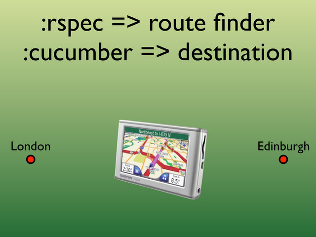 :rspec => route ﬁnder
:cucumber => destination
London Edinburgh

