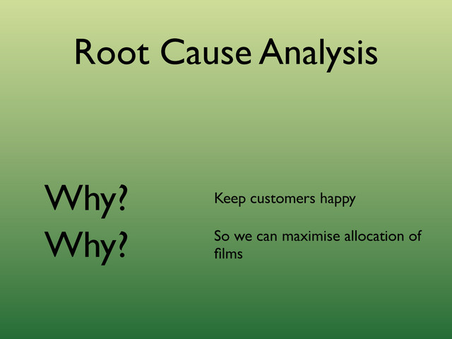 Why?
So we can maximise allocation of
ﬁlms
Why?
Keep customers happy
Root Cause Analysis
