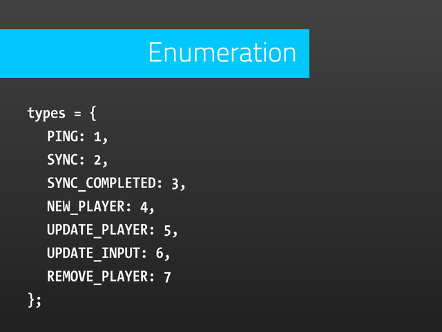 types = {
PING: 1,
SYNC: 2,
SYNC_COMPLETED: 3,
NEW_PLAYER: 4,
UPDATE_PLAYER: 5,
UPDATE_INPUT: 6,
REMOVE_PLAYER: 7
};
Enumeration

