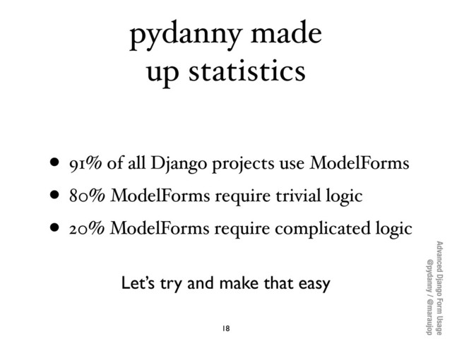Advanced Django Form Usage
@pydanny / @maraujop
pydanny made
up statistics
• 91% of all Django projects use ModelForms
• 80% ModelForms require trivial logic
• 20% ModelForms require complicated logic
18
Let’s try and make that easy
