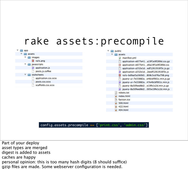 rake assets:precompile
Part of your deploy
asset types are merged
digest is added to assets
caches are happy
personal opinion: this is too many hash digits (8 should suffice)
gzip ﬁles are made. Some webserver conﬁguration is needed.
