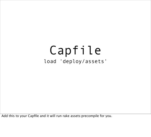 Capfile
load 'deploy/assets'
Add this to your Capﬁle and it will run rake assets:precompile for you.
