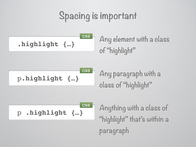p.highlight {…}
p .highlight {…}
.highlight {…}
Spacing is important
Any element with a class
of “highlight”
Any paragraph with a
class of “highlight”
Anything with a class of
“highlight” that’s within a
paragraph
CSS
CSS
CSS
