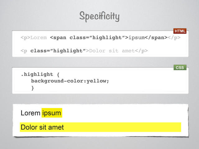 <p>Lorem <span class="”highlight”">ipsum</span></p>
<p class="”highlight”">Dolor sit amet</p>
.highlight {
background-color:yellow;
}
Specificity
Lorem ipsum
ipsum
Dolor sit amet
HTML
CSS
