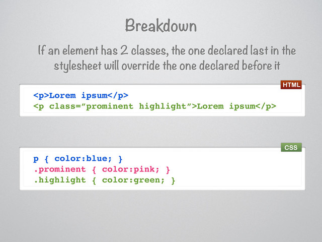Breakdown
If an element has 2 classes, the one declared last in the
stylesheet will override the one declared before it
<p>Lorem ipsum</p>
<p class="”prominent">Lorem ipsum</p>
p { color:blue; }
.prominent { color:pink; }
.highlight { color:green; }
HTML
CSS
