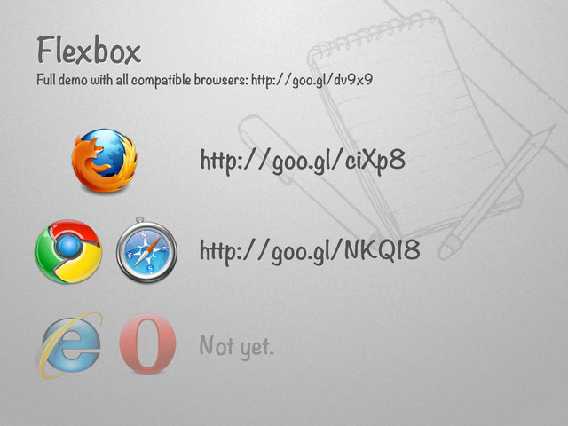 Flexbox
Full demo with all compatible browsers: http://goo.gl/dv9x9
http://goo.gl/ciXp8
http://goo.gl/NKQ18
Not yet.
