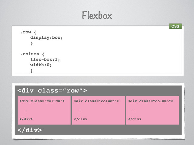 Flexbox
.row {
display:box;
}
.column {
flex-box:1;
width:0;
}
<div class="”row”">
<div class="”column”">
…
</div>
</div>
<div class="”column”">
…
</div>
<div class="”column”">
…
</div>
CSS
