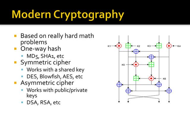 ¡  Based	  on	  really	  hard	  math	  
problems	  
¡  One-­‐way	  hash	  
§  MD5,	  SHA1,	  etc	  
¡  Symmetric	  cipher	  
§  Works	  with	  a	  shared	  key	  
§  DES,	  Blowﬁsh,	  AES,	  etc	  
¡  Asymmetric	  cipher	  
§  Works	  with	  public/private	  
keys	  
§  DSA,	  RSA,	  etc	  
