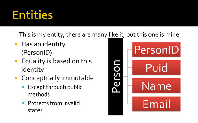 ¡  Has	  an	  identity	  
(PersonID)	  
¡  Equality	  is	  based	  on	  this	  
identity	  
¡  Conceptually	  immutable	  
§  Except	  through	  public	  
methods	  
§  Protects	  from	  invalid	  
states	  
Person	  
PersonID	  
Puid	  
Name	  
Email	  
This	  is	  my	  entity,	  there	  are	  many	  like	  it,	  but	  this	  one	  is	  mine	  
