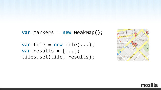 var	  markers	  =	  new	  WeakMap();
var	  tile	  =	  new	  Tile(...);
var	  results	  =	  [...];
tiles.set(tile,	  results);
