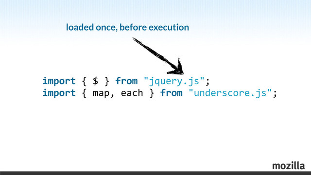 import	  {	  $	  }	  from	  "jquery.js";
import	  {	  map,	  each	  }	  from	  "underscore.js";
loaded once, before execution
