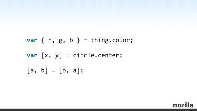 var	  {	  r,	  g,	  b	  }	  =	  thing.color;
var	  [x,	  y]	  =	  circle.center;
[a,	  b]	  =	  [b,	  a];

