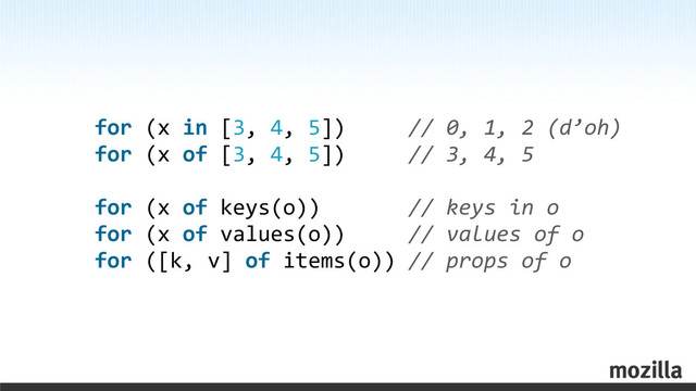 for	  (x	  in	  [3,	  4,	  5])	  	  	  	  	  //	  0,	  1,	  2	  (d’oh)
for	  (x	  of	  [3,	  4,	  5])	  	  	  	  	  //	  3,	  4,	  5
for	  (x	  of	  keys(o))	  	  	  	  	  	  	  //	  keys	  in	  o
for	  (x	  of	  values(o))	  	  	  	  	  //	  values	  of	  o
for	  ([k,	  v]	  of	  items(o))	  //	  props	  of	  o
