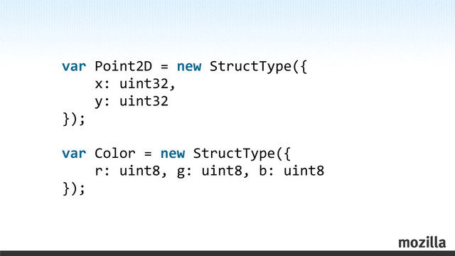 var	  Point2D	  =	  new	  StructType({
	  	  	  	  x:	  uint32,
	  	  	  	  y:	  uint32
});
var	  Color	  =	  new	  StructType({
	  	  	  	  r:	  uint8,	  g:	  uint8,	  b:	  uint8
});
