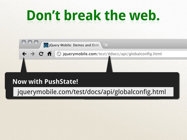 Don’t break the web.
Bookmark / Refresh
Friendly URLS
History Works
Now with PushState!
jquerymobile.com/test/docs/api/globalconfig.html
