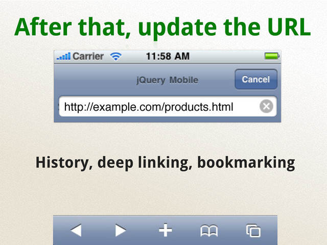 After that, update the URL
History, deep linking, bookmarking
http://example.com/products.html
