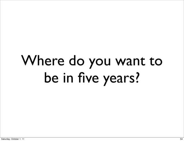 Where do you want to
be in ﬁve years?
54
Saturday, October 1, 11
