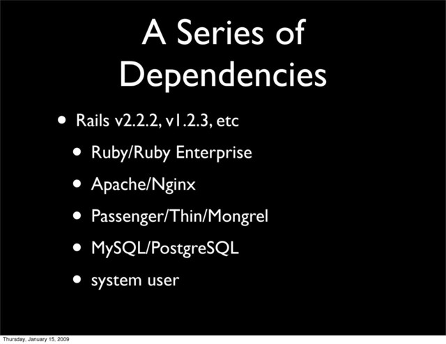 A Series of
Dependencies
• Rails v2.2.2, v1.2.3, etc
• Ruby/Ruby Enterprise
• Apache/Nginx
• Passenger/Thin/Mongrel
• MySQL/PostgreSQL
• system user
Thursday, January 15, 2009
