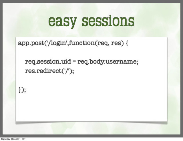 easy sessions
app.post('/login',function(req, res) {
req.session.uid = req.body.username;
res.redirect('/');
});
Saturday, October 1, 2011
