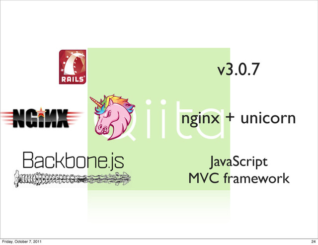 v3.0.7
nginx + unicorn
JavaScript
MVC framework
24
Friday, October 7, 2011
