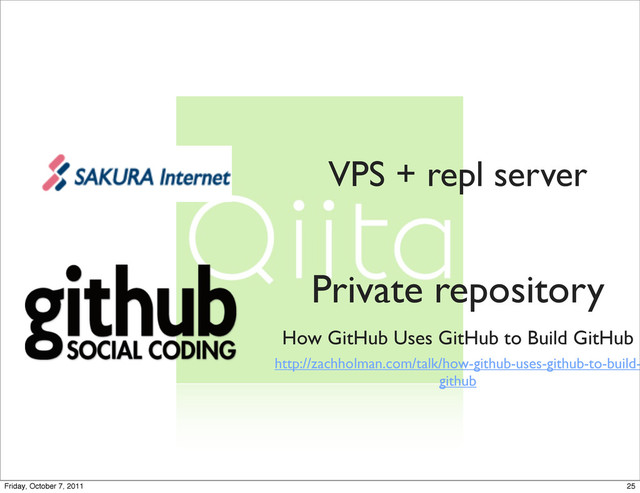 VPS + repl server
How GitHub Uses GitHub to Build GitHub
http://zachholman.com/talk/how-github-uses-github-to-build-
github
Private repository
25
Friday, October 7, 2011
