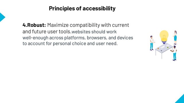 Principles of accessibility
4.Robust:
websites should work
well-enough across platforms, browsers, and devices
to account for personal choice and user need.
