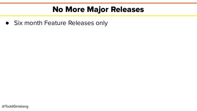 @ToddGinsberg
No More Major Releases
● Six month Feature Releases only
