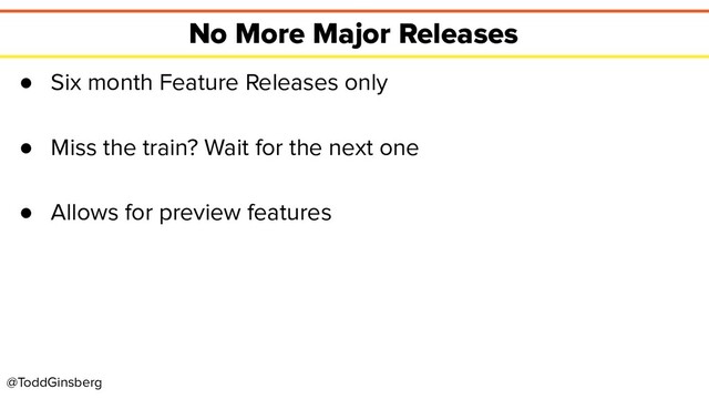 @ToddGinsberg
No More Major Releases
● Six month Feature Releases only
● Miss the train? Wait for the next one
● Allows for preview features
