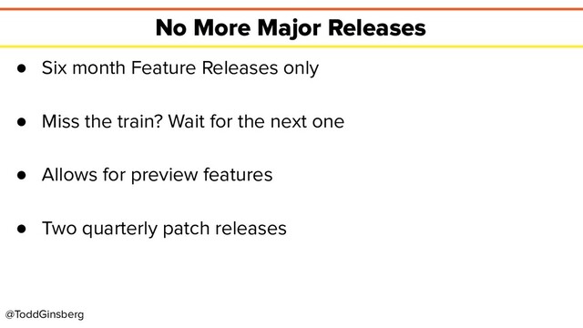 @ToddGinsberg
No More Major Releases
● Six month Feature Releases only
● Miss the train? Wait for the next one
● Allows for preview features
● Two quarterly patch releases
