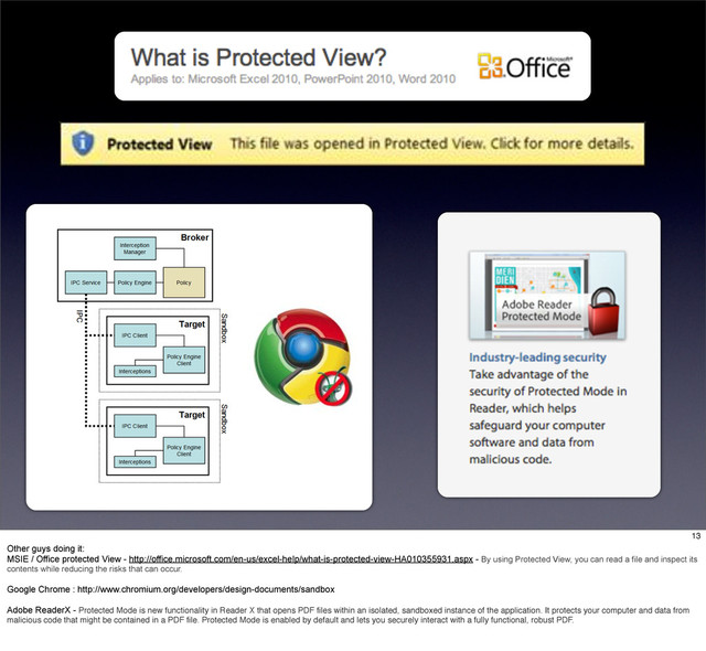 13
Other guys doing it:
MSIE / Office protected View - http://office.microsoft.com/en-us/excel-help/what-is-protected-view-HA010355931.aspx - By using Protected View, you can read a file and inspect its
contents while reducing the risks that can occur.
Google Chrome : http://www.chromium.org/developers/design-documents/sandbox
Adobe ReaderX - Protected Mode is new functionality in Reader X that opens PDF ﬁles within an isolated, sandboxed instance of the application. It protects your computer and data from
malicious code that might be contained in a PDF ﬁle. Protected Mode is enabled by default and lets you securely interact with a fully functional, robust PDF.
