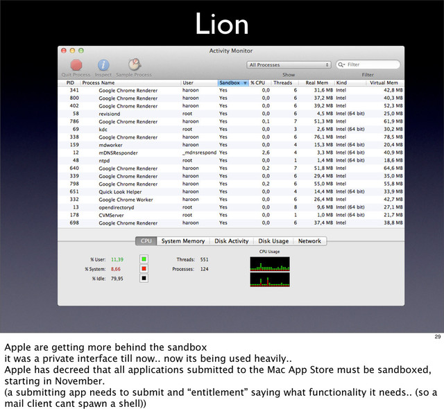 Lion
29
Apple are getting more behind the sandbox
it was a private interface till now.. now its being used heavily..
Apple has decreed that all applications submitted to the Mac App Store must be sandboxed,
starting in November.
(a submitting app needs to submit and “entitlement” saying what functionality it needs.. (so a
mail client cant spawn a shell))
