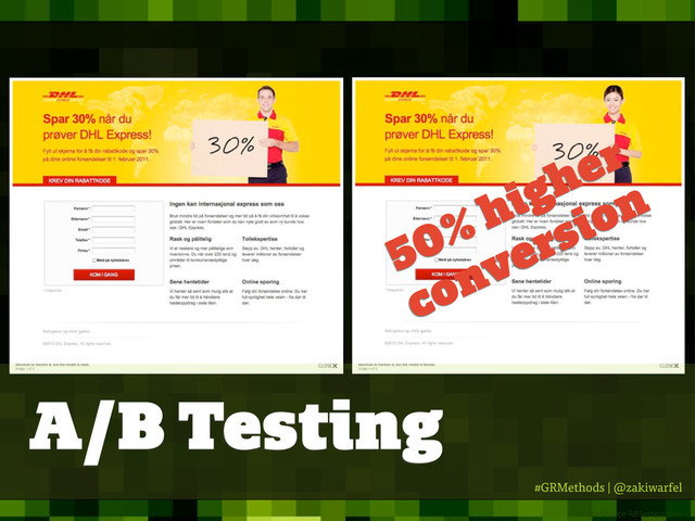 #GRMethods | @zakiwarfel
*NBHF4PVSDF"#5FTUJOHDPN
A/B Testing
50% higher
conversion
