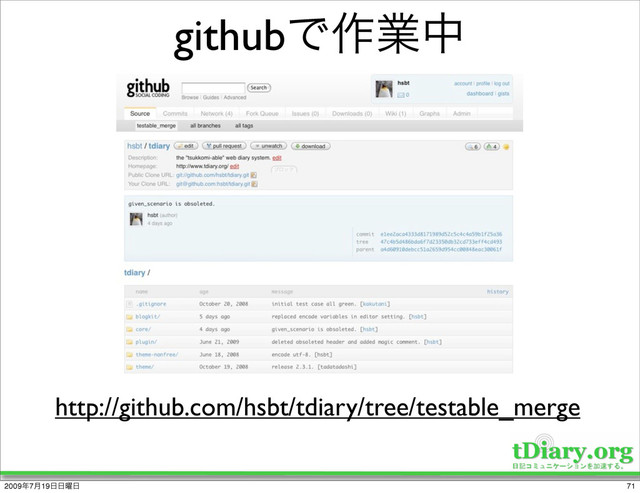 githubͰ࡞ۀத
http://github.com/hsbt/tdiary/tree/testable_merge
71
2009೥7݄19೔೔༵೔
