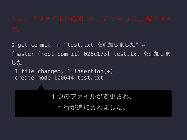 !
!
!
!
!
$ git commit -m “test.txt Λ௥Ճ͠·ͨ͠” ↵
[master (root-commit) 026c173] test.txt Λ௥Ճ͠·
ͨ͠
1 file changed, 1 insertion(+)
create mode 100644 test.txt
࣍ʹɺʮϑΝΠϧΛ௥Ճͨ͠ʯ͜ͱΛ git ʹه࿥ͤ͞·
͢ɻ
1 ͭͷϑΝΠϧ͕มߋ͞Εɺ
1 ߦ͕௥Ճ͞Ε·ͨ͠ɻ
