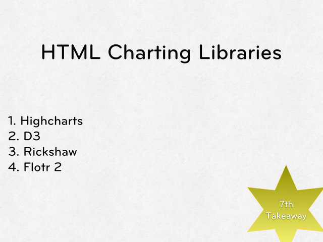 HTML Charting Libraries
1. Highcharts
2. D3
3. Rickshaw
4. Flotr 2
7th
Takeaway
