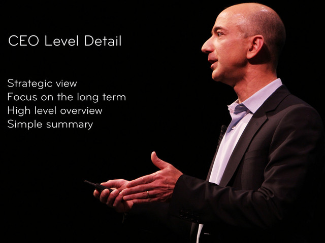 CEO Level Detail
Strategic view
Focus on the long term
High level overview
Simple summary
