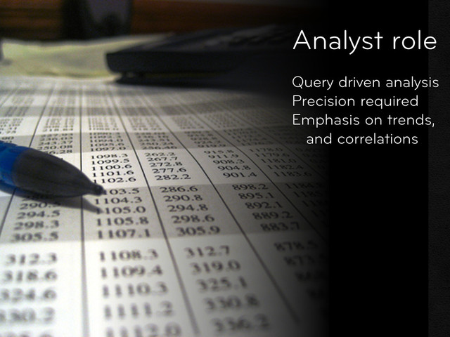 Query driven analysis
Precision required
Emphasis on trends,
and correlations
Analyst role

