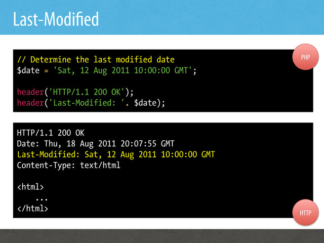 Last-Modi ed
// Determine the last modified date
$date = 'Sat, 12 Aug 2011 10:00:00 GMT';
header('HTTP/1.1 200 OK');
header('Last-Modified: '. $date);
HTTP/1.1 200 OK
Date: Thu, 18 Aug 2011 20:07:55 GMT
Last-Modified: Sat, 12 Aug 2011 10:00:00 GMT
Content-Type: text/html

...

PHP
HTTP
