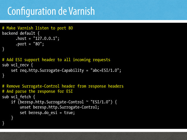 Con guration de Varnish
# Make Varnish listen to port 80
backend default {
.host = "127.0.0.1";
.port = "80";
}
# Add ESI support header to all incoming requests
sub vcl_recv {
set req.http.Surrogate-Capability = "abc=ESI/1.0";
}
# Remove Surrogate-Control header from response headers
# And parse the response for ESI
sub vcl_fetch {
if (beresp.http.Surrogate-Control ~ "ESI/1.0") {
unset beresp.http.Surrogate-Control;
set beresp.do_esi = true;
}
}
