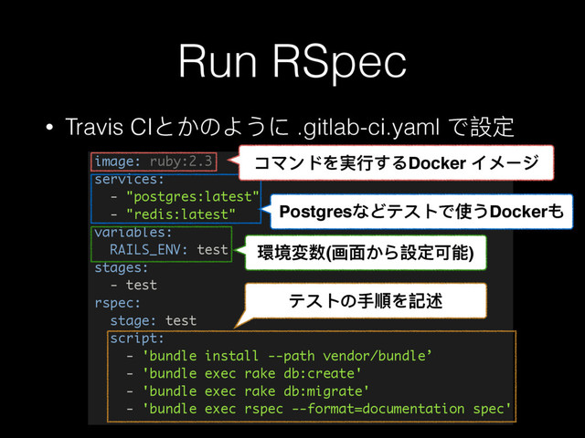 Run RSpec
• Travis CI;͡΄Ξ͜΁ .gitlab-ci.yaml ͽ戔ਧ
image: ruby:2.3
services:
- "postgres:latest"
- "redis:latest"
variables:
RAILS_ENV: test
stages:
- test
rspec:
stage: test
script:
- 'bundle install --path vendor/bundle’
- 'bundle exec rake db:create'
- 'bundle exec rake db:migrate'
- 'bundle exec rspec --format=documentation spec'
πϫЀϖΨ䋚ᤈͯΡDocker αϮЄυ
Postgres΀Ϳϓφϕͽֵ͜DockerΘ
厏ह䄜හ(ኮᶎ͡Ο戔ਧݢᚆ)
ϓφϕ΄ಋ殼Ψ懿ᬿ

